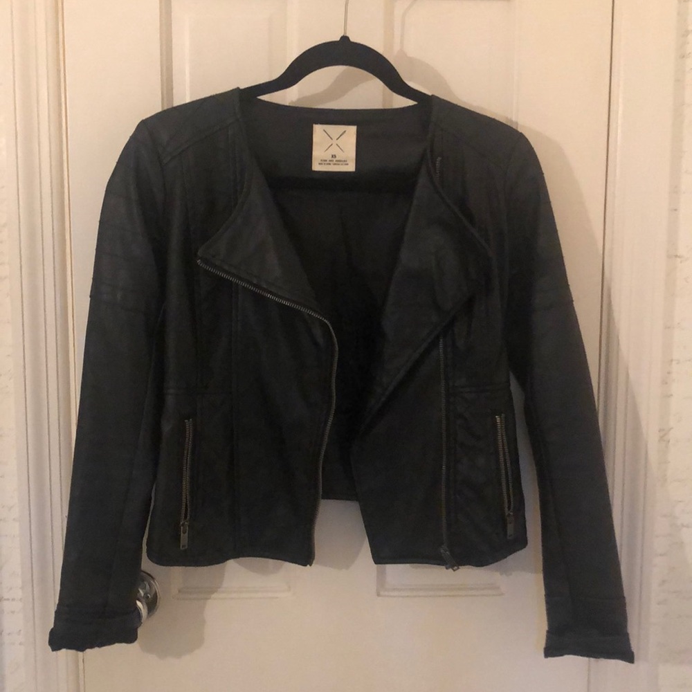 Collarless Faux Leather Jacket